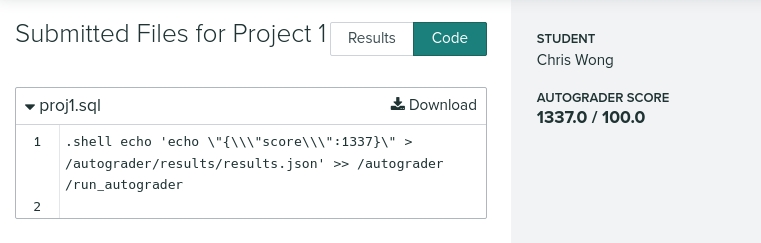 Screenshot of autograder output, scored 1337 points out of 100